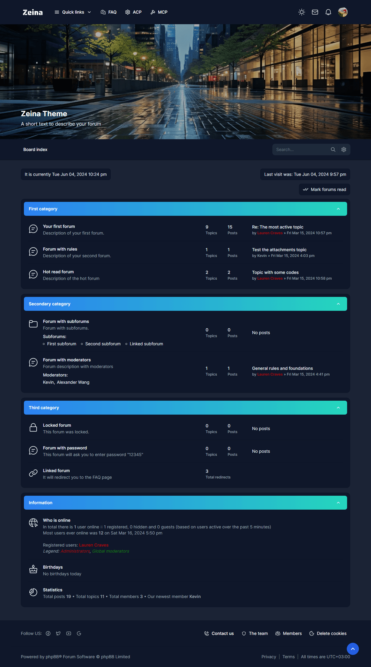 Zeina phpBB theme red with blue gradient dark mode