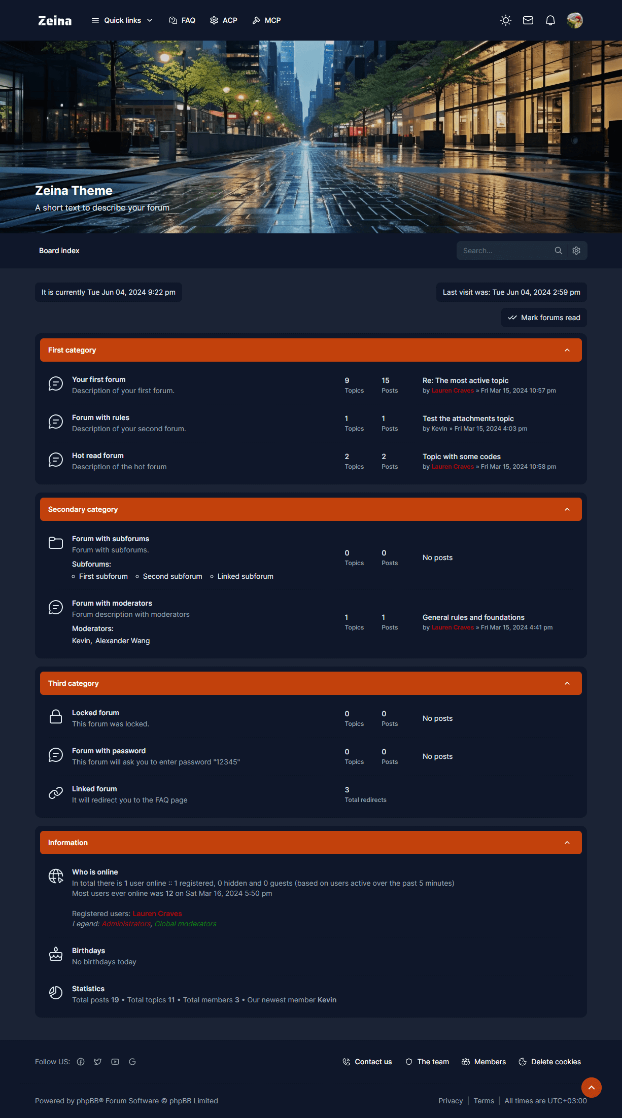 Zeina phpBB theme orange dark mode