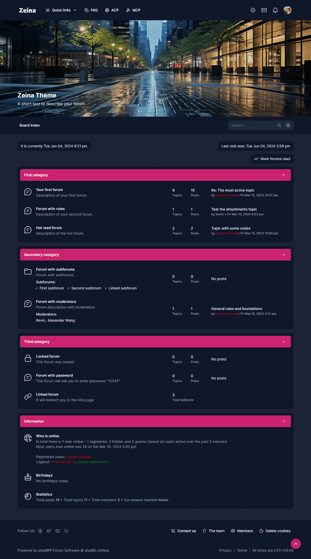 Zeina phpBB theme pink dark mode