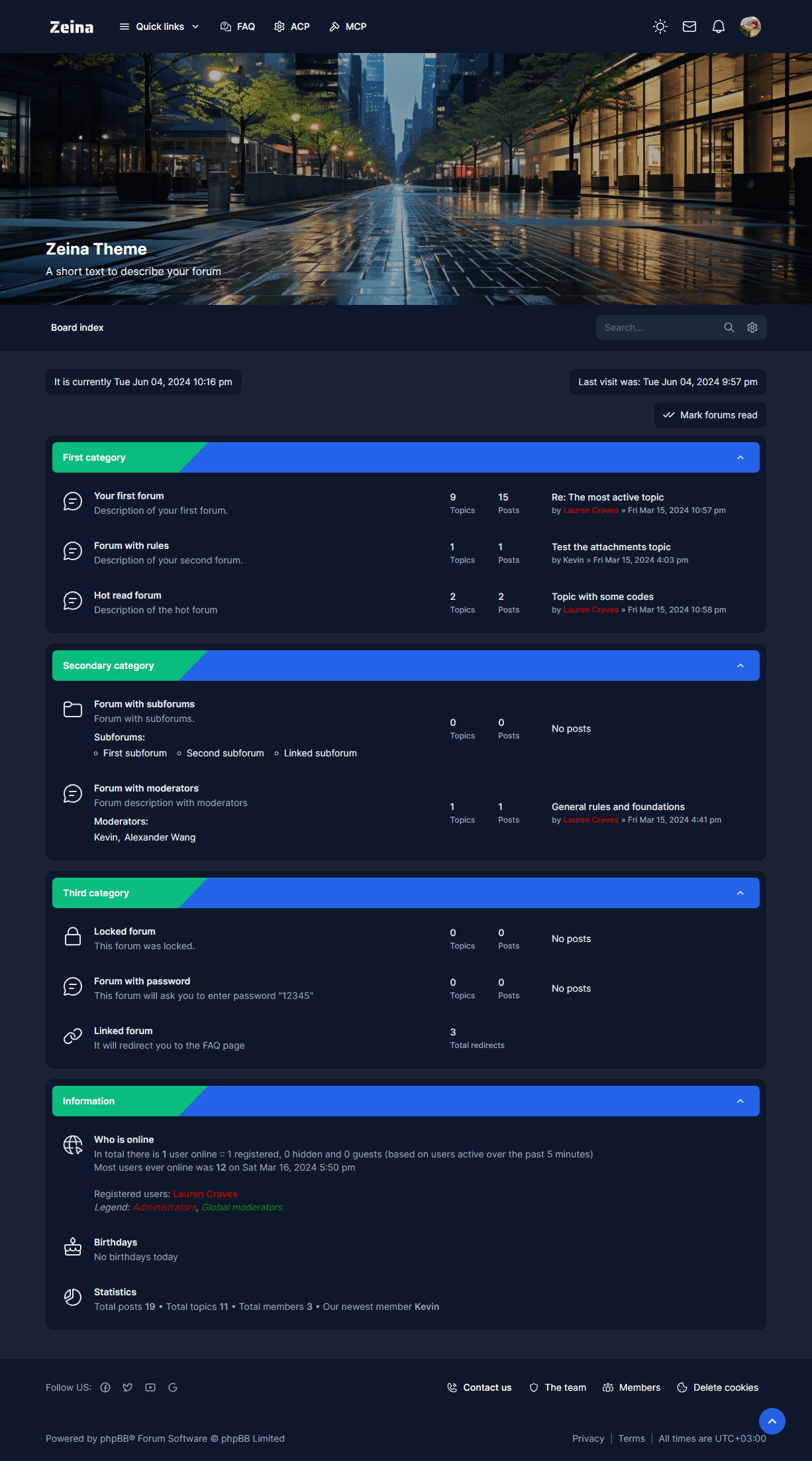 Zeina phpBB theme blue with green dark mode